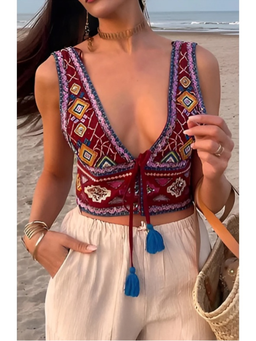 Boho Embroidered Tie-Front Crop Top - Burgundy
